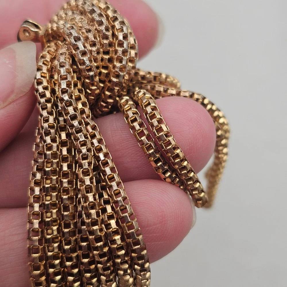 Vintage Gold Tone Knotted Tassel Brooch Statement Fringe Pin Uneven Cascade